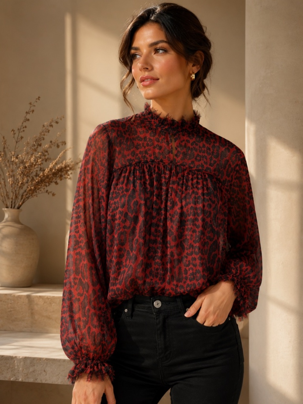 Zara leopard print high neck sheer blouse small